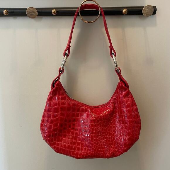 Red Genuine Leather Croc-Embossed Shoulder Bag | Silver Hardware, Hobo Style - Picture 6 of 7